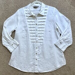 Multiples White Linen‎ Pintuck Pleated Button-Front Blouse, 3/4 Sleeve Size L